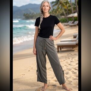 MICHAEL SIMON Wide Leg Pants Pinstripe Drawstring Black Gray Side Slits Medium